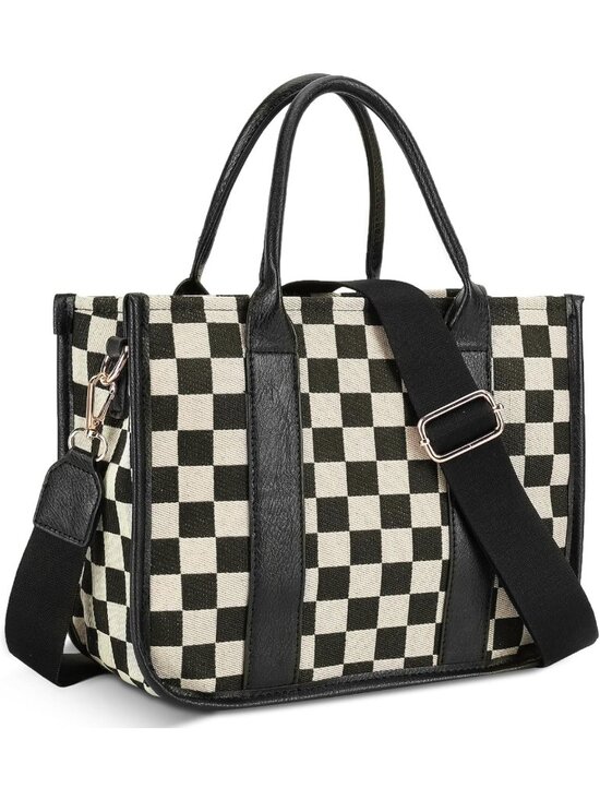 Handbags - Chic Black and White Checkered Crossbody Tote Bag | Casual Purse for Work